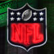 Apr 25, 2019; Nashville, TN, USA; Detailed view of neon NFL shield logo during the first round of the 2019 NFL Draft in downtown Nashville.